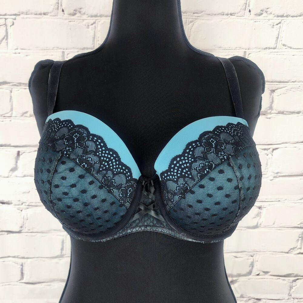 Cacique 42DD Lightly Lined Balconette Bra Teal Lace Underwire Lightly Padded